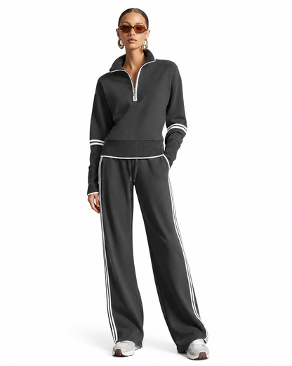 Women's Color-Blocked Tracksuit Set – Stand-Up Collar Sweatshirt with Wide-Leg Pants