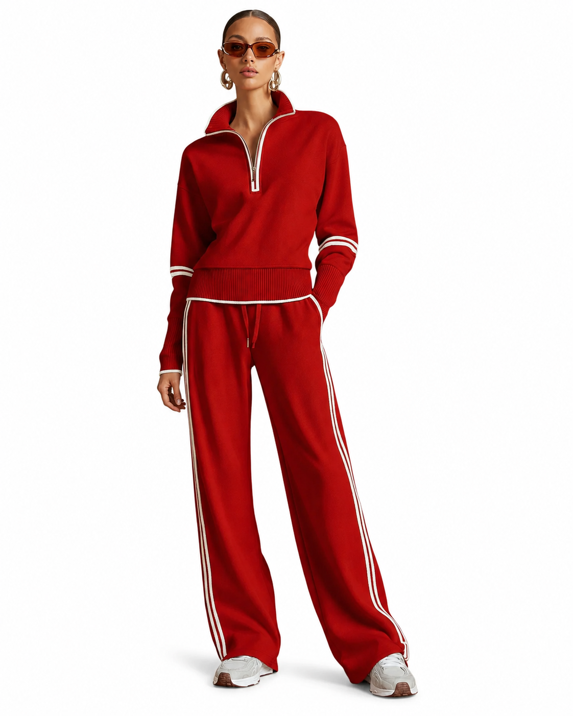 Women's Color-Blocked Tracksuit Set – Stand-Up Collar Sweatshirt with Wide-Leg Pants