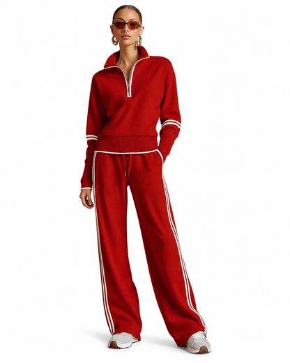 Women's Color-Blocked Tracksuit Set – Stand-Up Collar Sweatshirt with Wide-Leg Pants