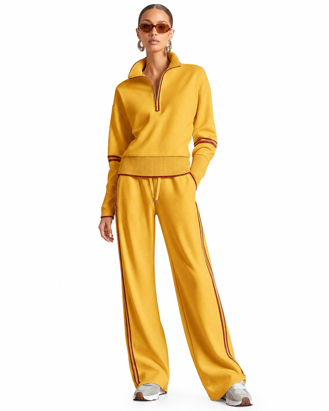 Women's Color-Blocked Tracksuit Set – Stand-Up Collar Sweatshirt with Wide-Leg Pants