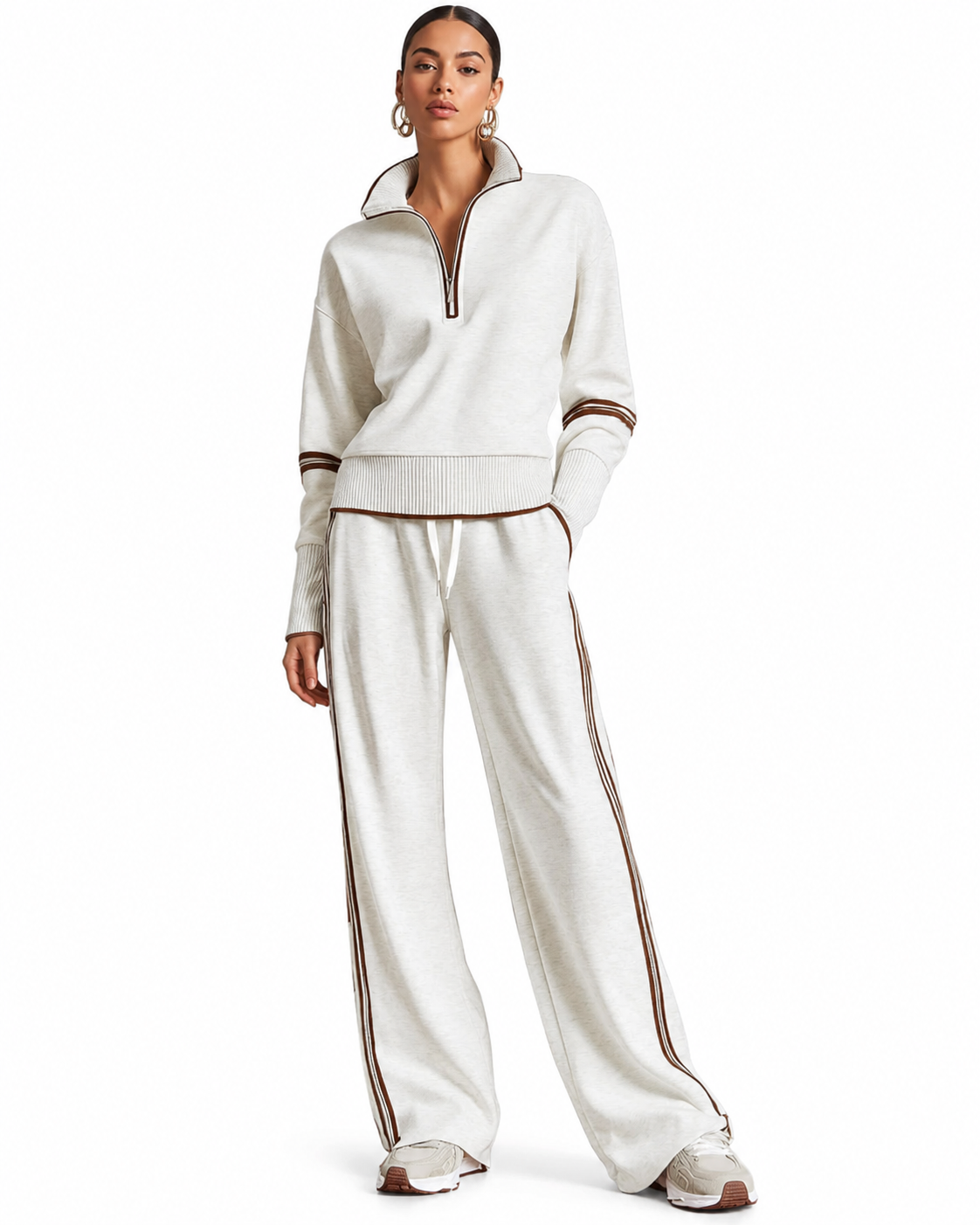 Women's Color-Blocked Tracksuit Set – Stand-Up Collar Sweatshirt with Wide-Leg Pants