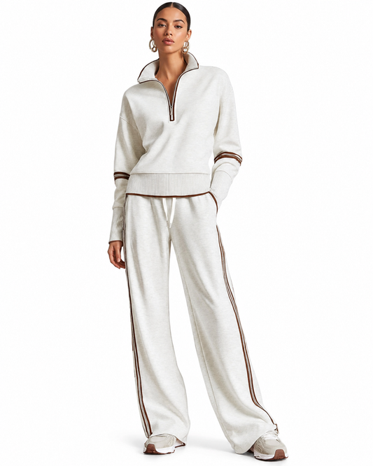 Women's Color-Blocked Tracksuit Set – Stand-Up Collar Sweatshirt with Wide-Leg Pants