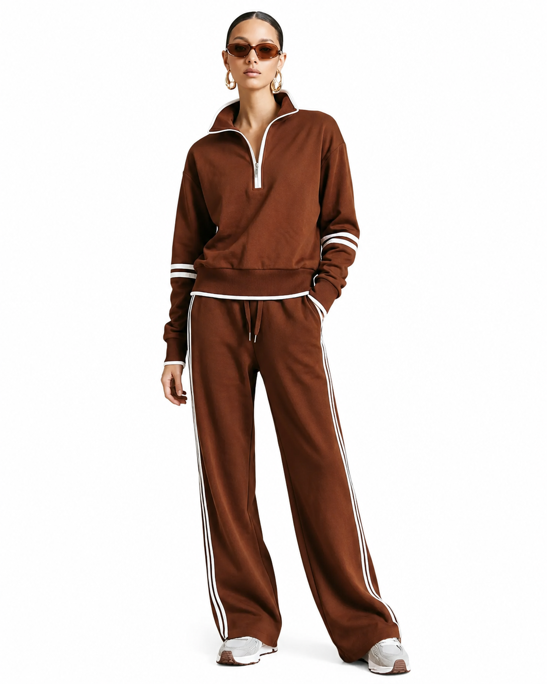 Women's Color-Blocked Tracksuit Set – Stand-Up Collar Sweatshirt with Wide-Leg Pants