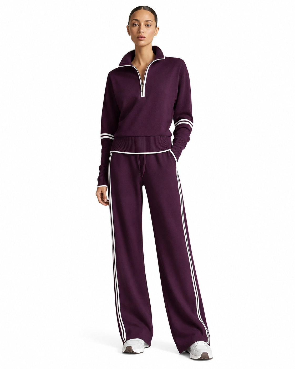 Women's Color-Blocked Tracksuit Set – Stand-Up Collar Sweatshirt with Wide-Leg Pants