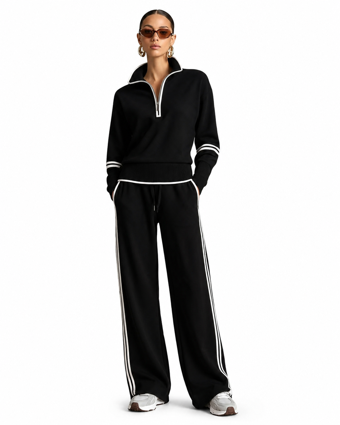 Women's Color-Blocked Tracksuit Set – Stand-Up Collar Sweatshirt with Wide-Leg Pants
