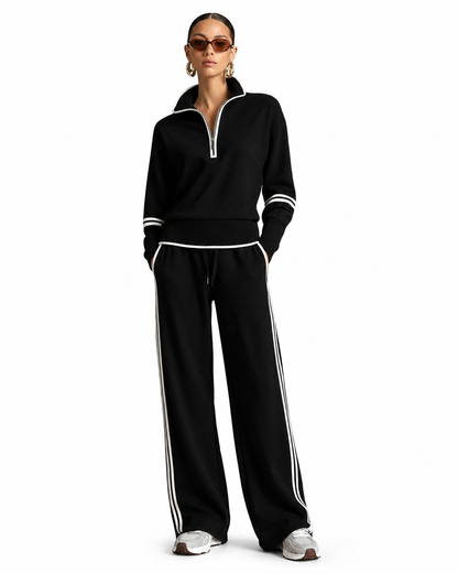 Women's Color-Blocked Tracksuit Set – Stand-Up Collar Sweatshirt with Wide-Leg Pants