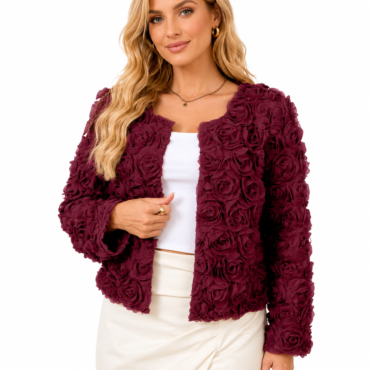 Women's Long Sleeve Coat – Rose Flower Print, O-Neck Design
