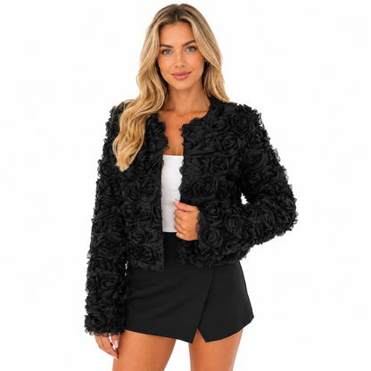 Women's Long Sleeve Coat – Rose Flower Print, O-Neck Design