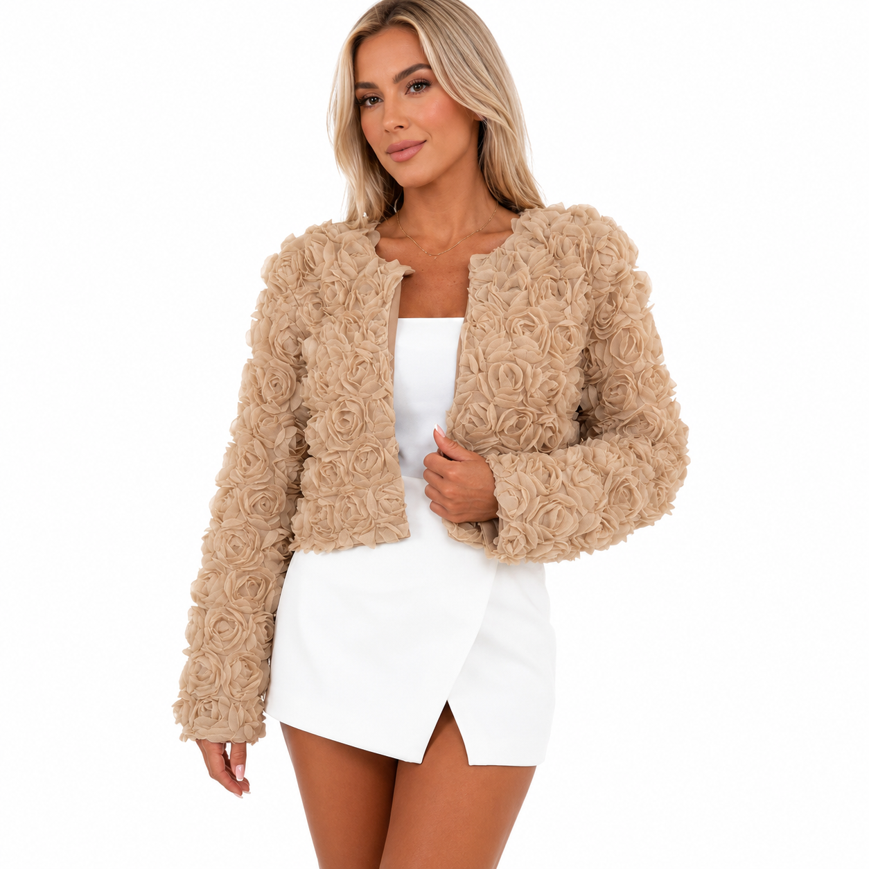 Women's Long Sleeve Coat – Rose Flower Print, O-Neck Design