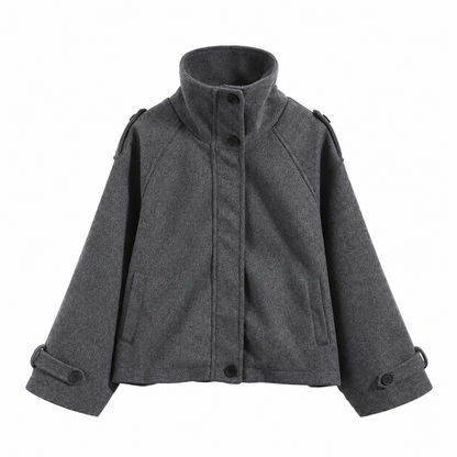 Women's Loose Fit Autumn Coat – Stand Collar, Full Sleeve with Pockets