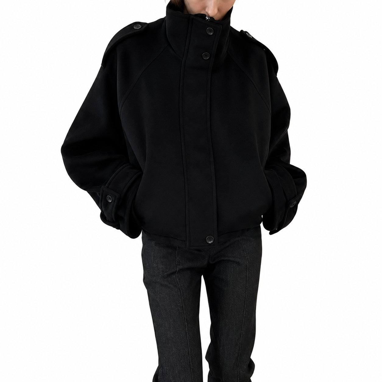 Women's Loose Fit Autumn Coat – Stand Collar, Full Sleeve with Pockets