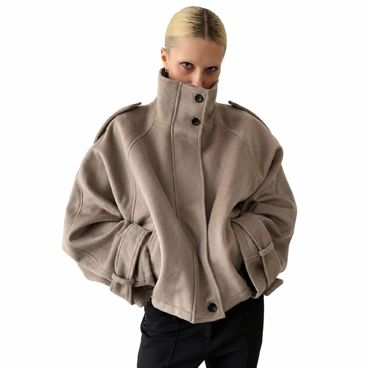 Women's Loose Fit Autumn Coat – Stand Collar, Full Sleeve with Pockets