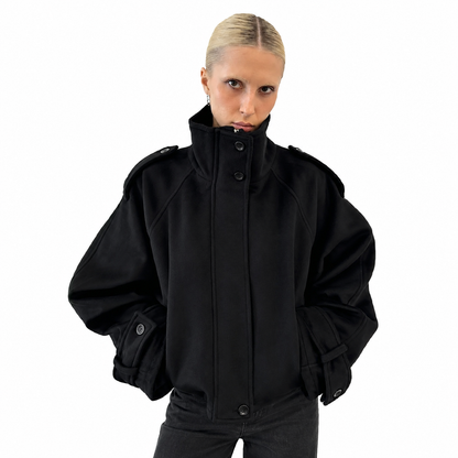 Women's Loose Fit Autumn Coat – Stand Collar, Full Sleeve with Pockets