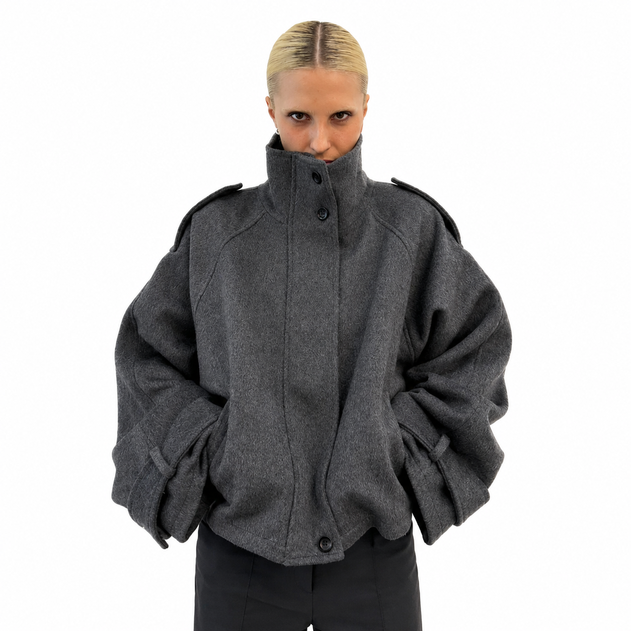 Women's Loose Fit Autumn Coat – Stand Collar, Full Sleeve with Pockets
