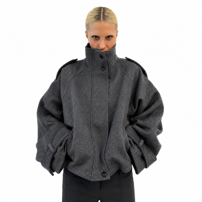 Women's Loose Fit Autumn Coat – Stand Collar, Full Sleeve with Pockets