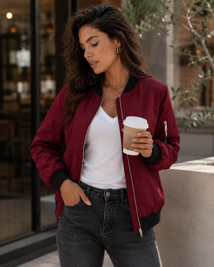 Women's Lightweight Polyester Bomber Jacket – Minimal Zip-Front Design, Ribbed Trim