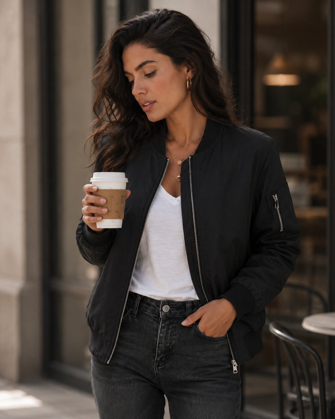 Women's Lightweight Polyester Bomber Jacket – Minimal Zip-Front Design, Ribbed Trim