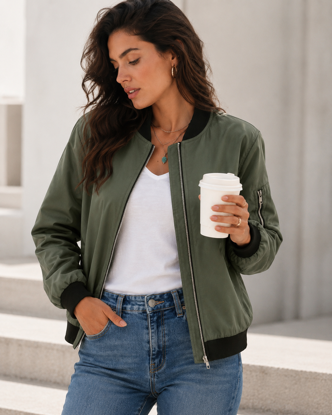 Women's Lightweight Polyester Bomber Jacket – Minimal Zip-Front Design, Ribbed Trim