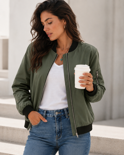 Women's Lightweight Polyester Bomber Jacket – Minimal Zip-Front Design, Ribbed Trim