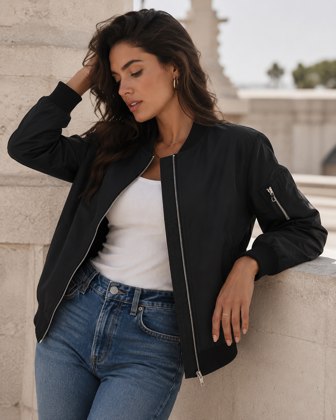 Women's Lightweight Polyester Bomber Jacket – Minimal Zip-Front Design, Ribbed Trim