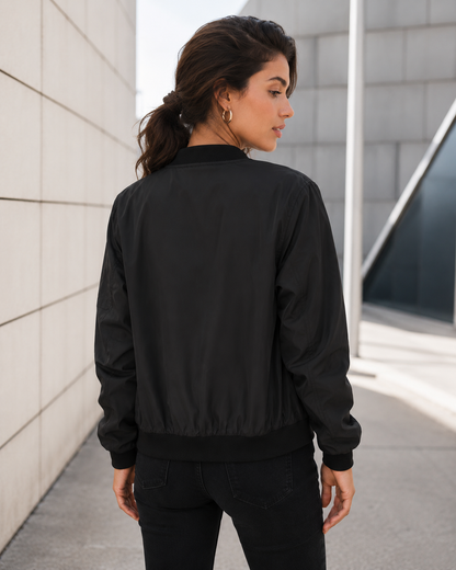 Women's Lightweight Polyester Bomber Jacket – Minimal Zip-Front Design, Ribbed Trim