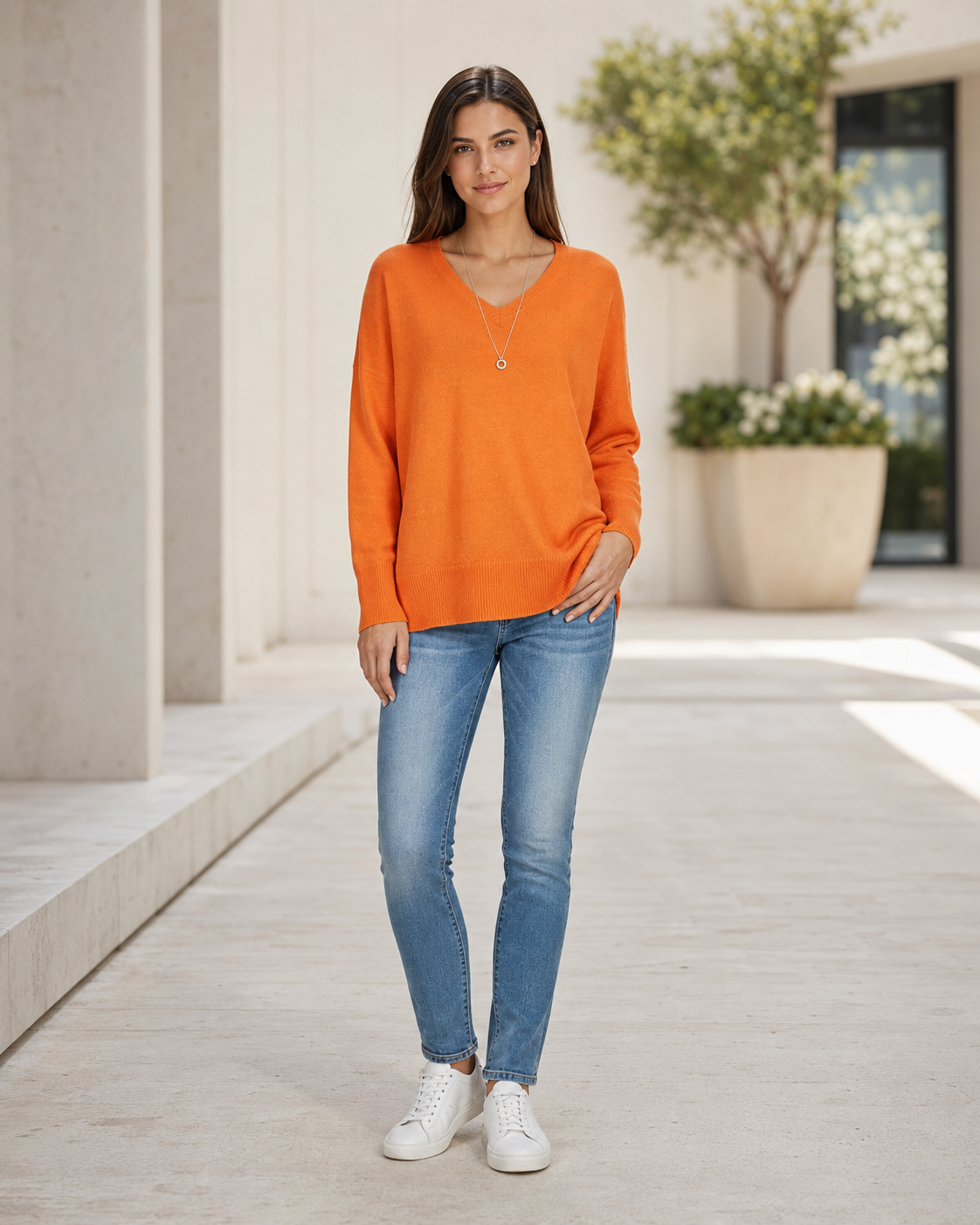 Women's V-Neck Sweater – Dropped Shoulders, Straight Hem