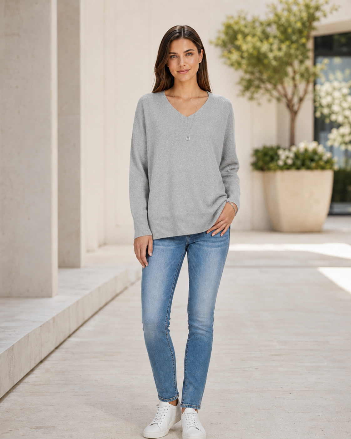 Women's V-Neck Sweater – Dropped Shoulders, Straight Hem