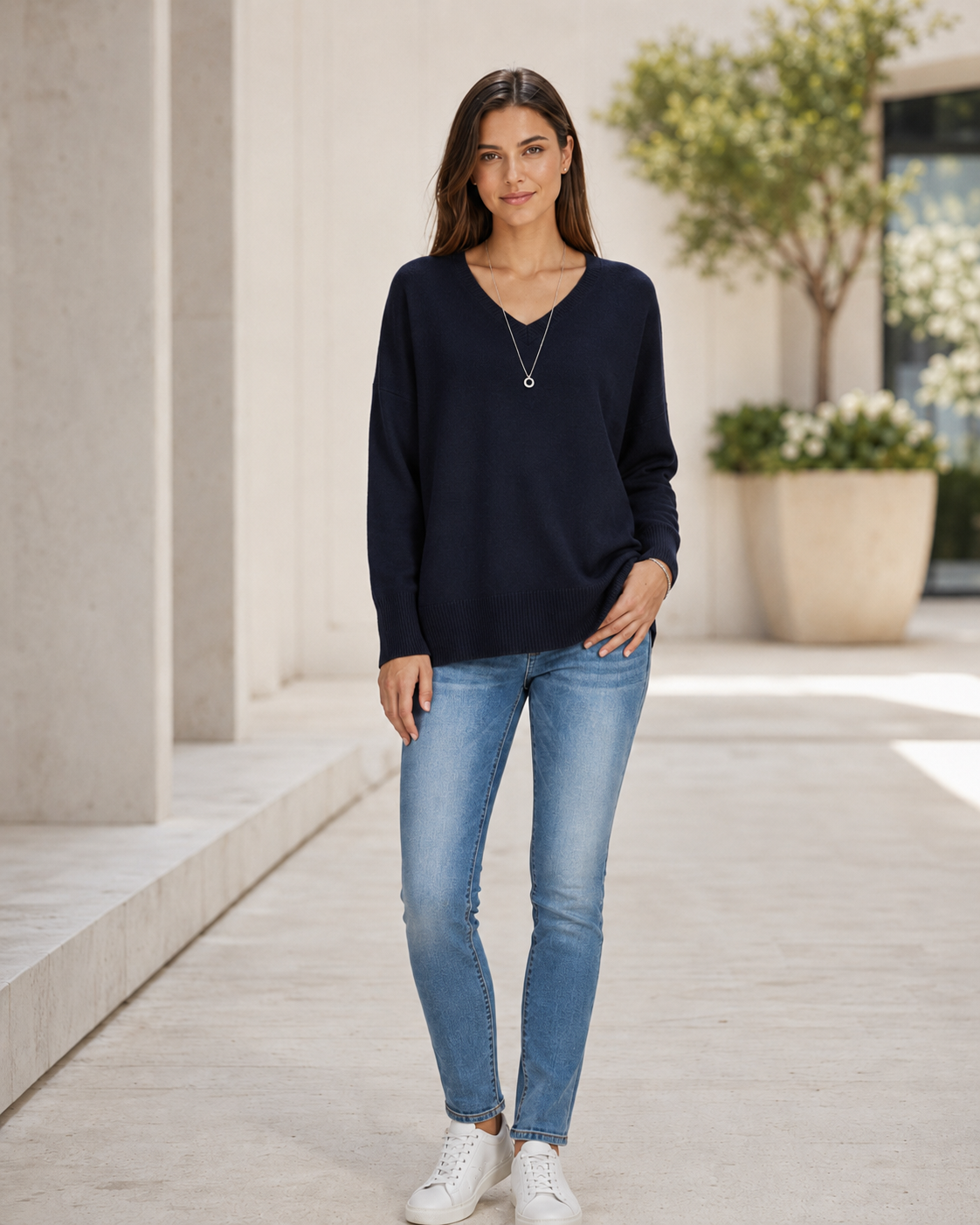 Women's V-Neck Sweater – Dropped Shoulders, Straight Hem