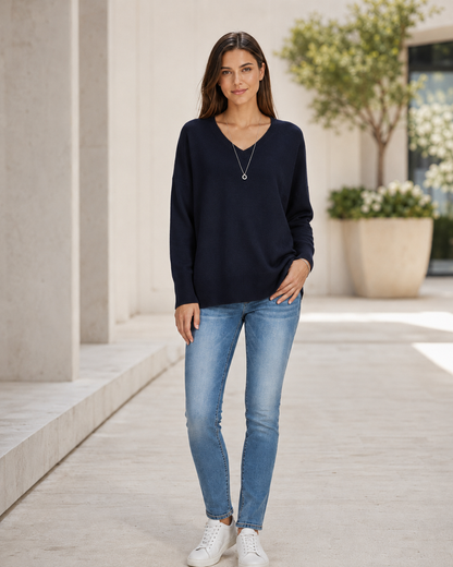 Women's V-Neck Sweater – Dropped Shoulders, Straight Hem