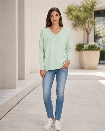 Women's V-Neck Sweater – Dropped Shoulders, Straight Hem