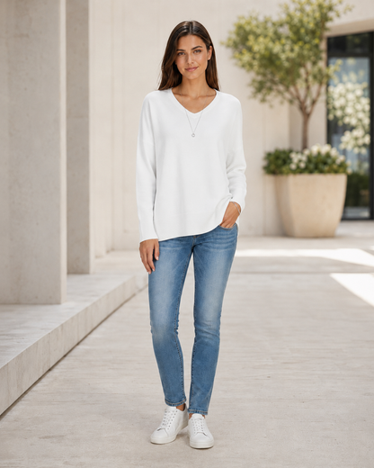 Women's V-Neck Sweater – Dropped Shoulders, Straight Hem