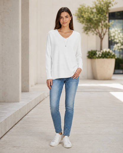 Women's V-Neck Sweater – Dropped Shoulders, Straight Hem
