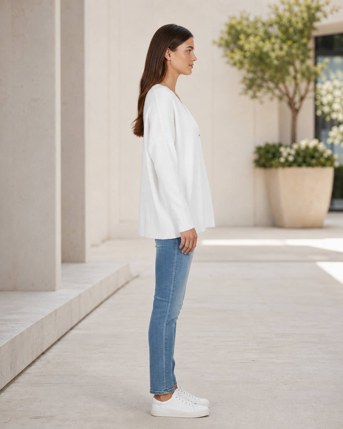 Women's V-Neck Sweater – Dropped Shoulders, Straight Hem