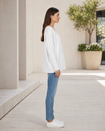 Women's V-Neck Sweater – Dropped Shoulders, Straight Hem