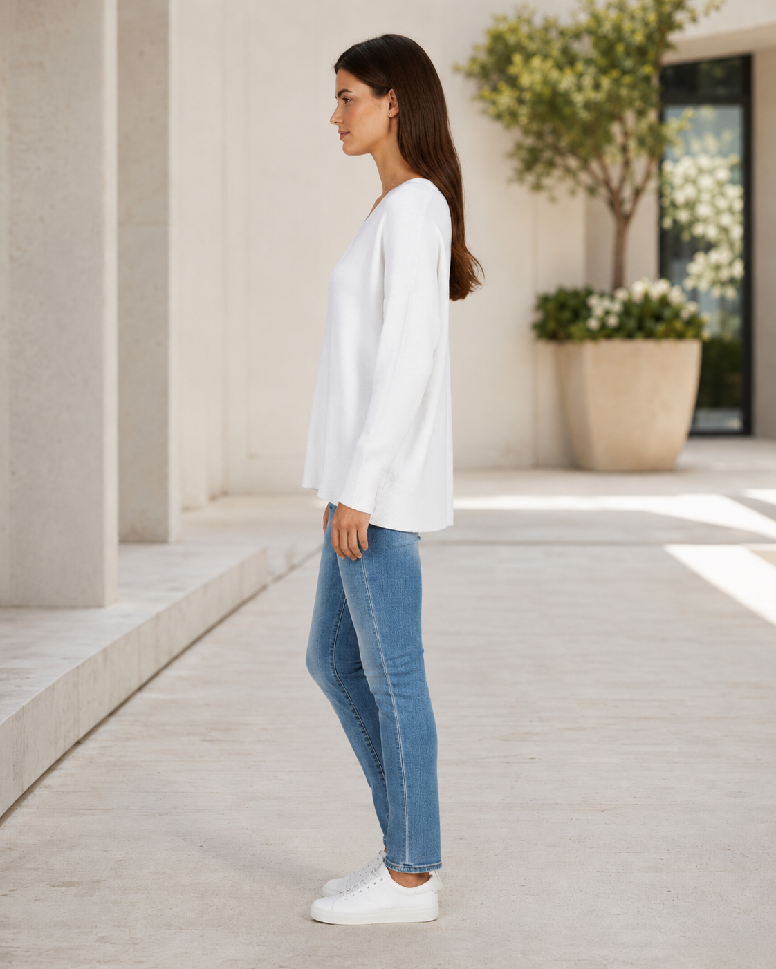 Women's V-Neck Sweater – Dropped Shoulders, Straight Hem