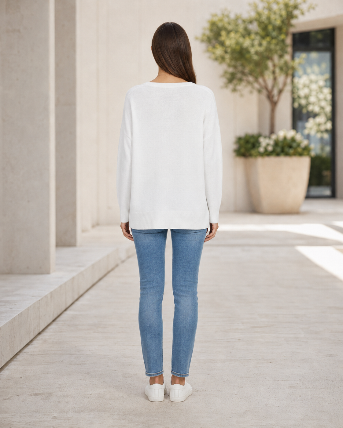 Women's V-Neck Sweater – Dropped Shoulders, Straight Hem