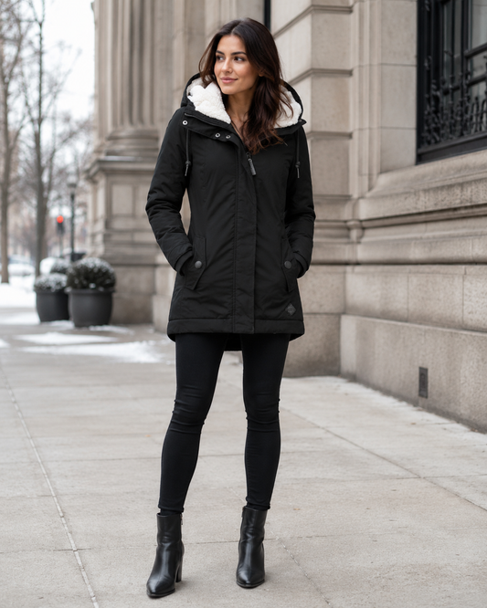 Women's Cotton Winter Coat – Pleated Design with Shearling Hood