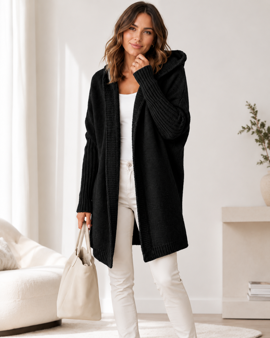 Women's Long Oversized Hooded Cardigan – Soft Fabric with Batwing Sleeves
