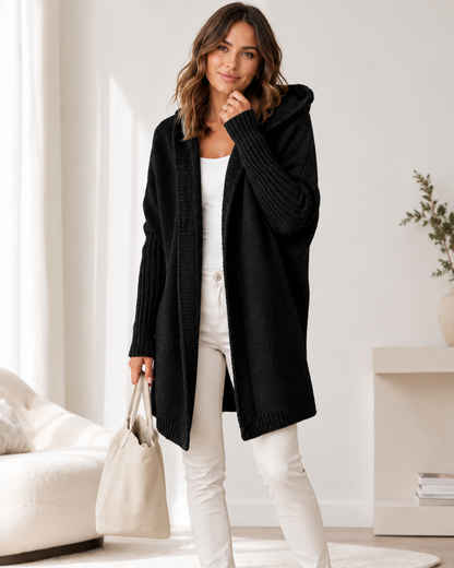 Women's Long Oversized Hooded Cardigan – Soft Fabric with Batwing Sleeves