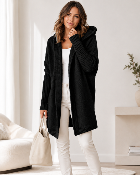 Women's Long Oversized Hooded Cardigan – Soft Fabric with Batwing Sleeves