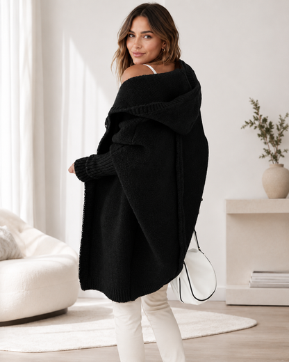 Women's Long Oversized Hooded Cardigan – Soft Fabric with Batwing Sleeves