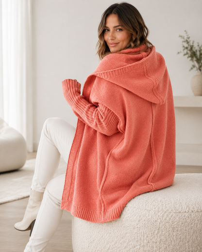Women's Long Oversized Hooded Cardigan – Soft Fabric with Batwing Sleeves