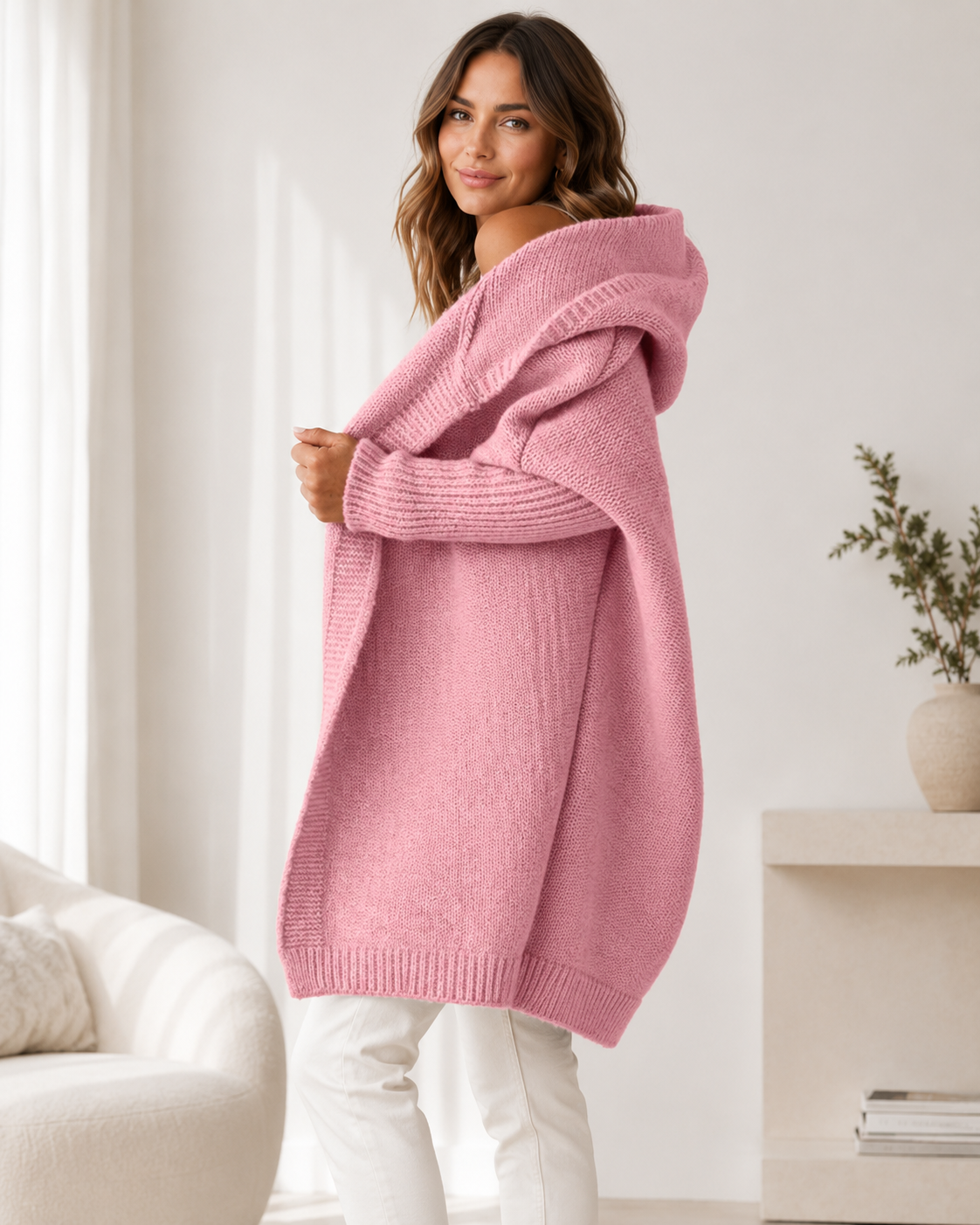 Women's Long Oversized Hooded Cardigan – Soft Fabric with Batwing Sleeves