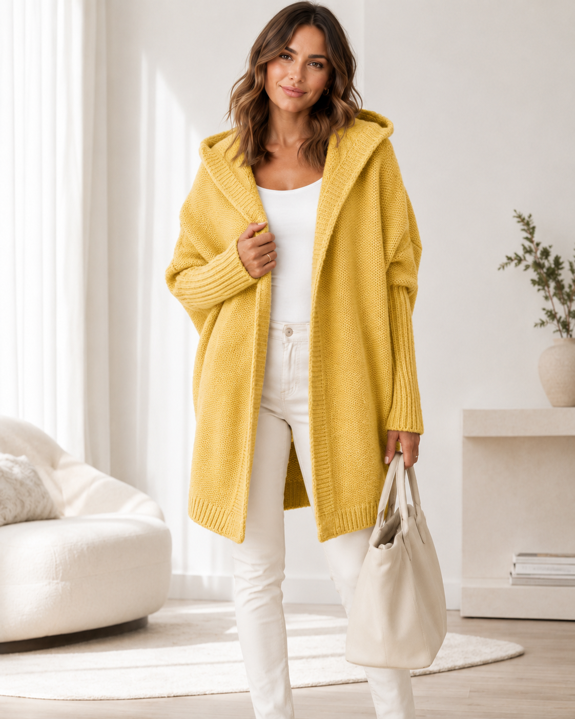 Women's Long Oversized Hooded Cardigan – Soft Fabric with Batwing Sleeves