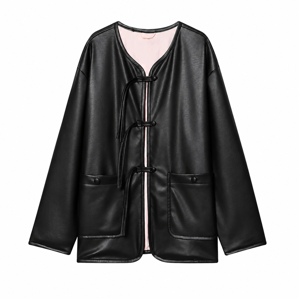 Women's Black Faux Leather Jacket – Long Sleeve, Loose Fit with Pocket Decor