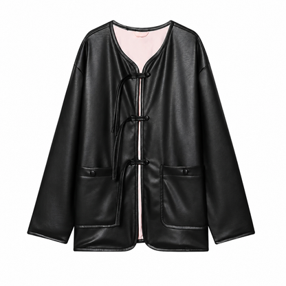 Women's Black Faux Leather Jacket – Long Sleeve, Loose Fit with Pocket Decor