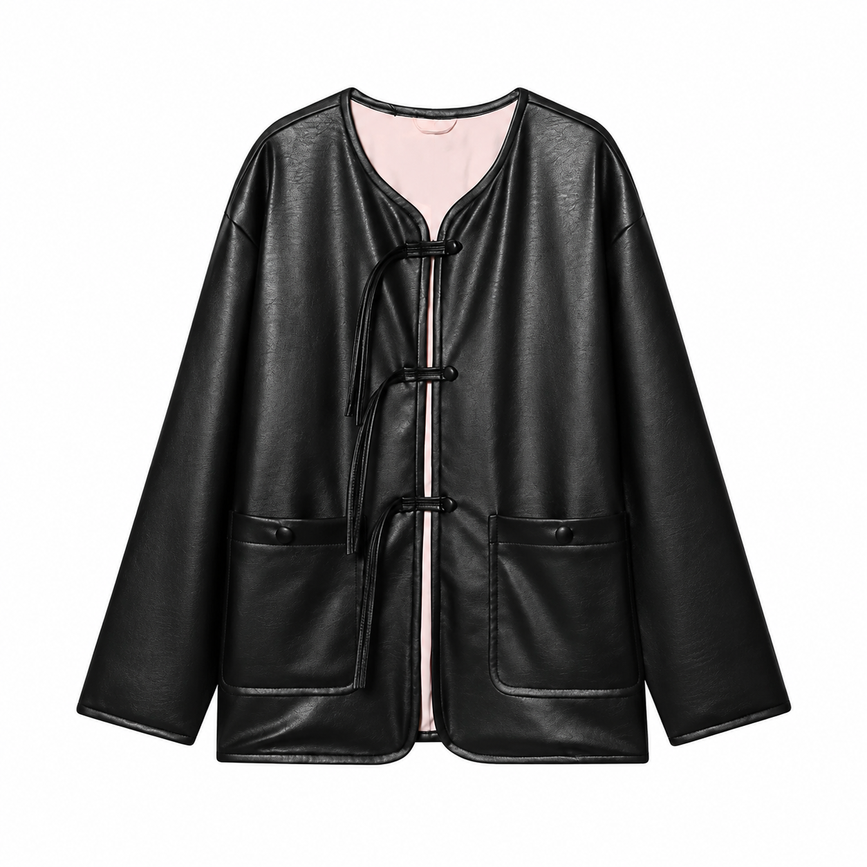 Women's Black Faux Leather Jacket – Long Sleeve, Loose Fit with Pocket Decor