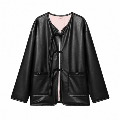 Women's Black Faux Leather Jacket – Long Sleeve, Loose Fit with Pocket Decor