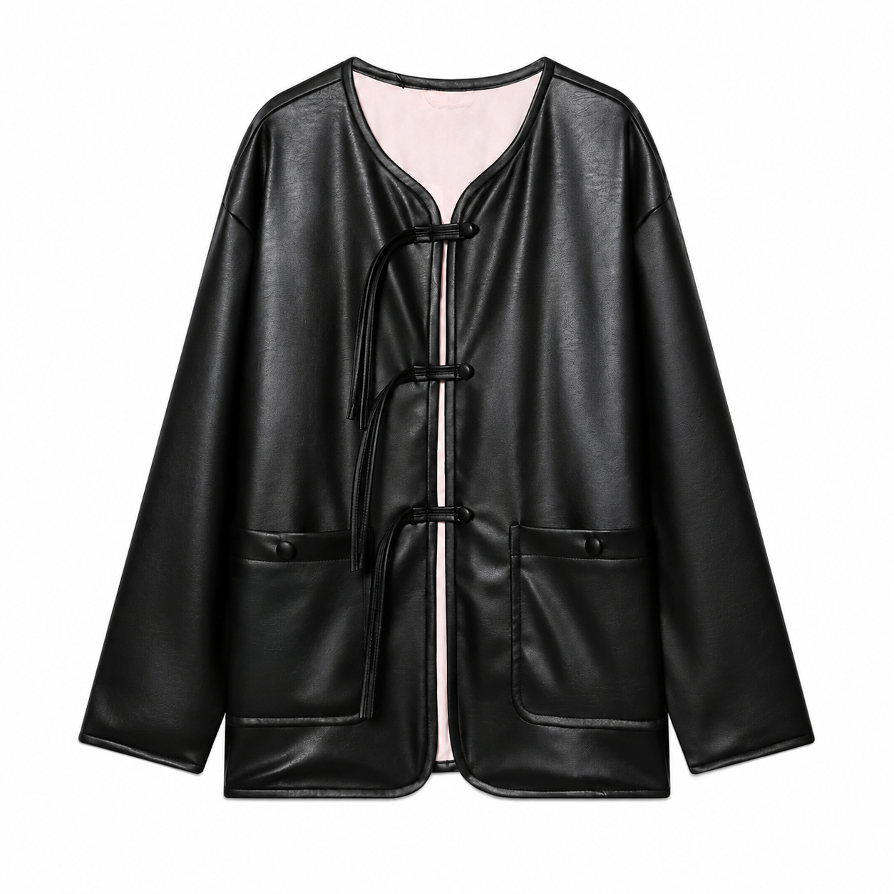 Women's Black Faux Leather Jacket – Long Sleeve, Loose Fit with Pocket Decor