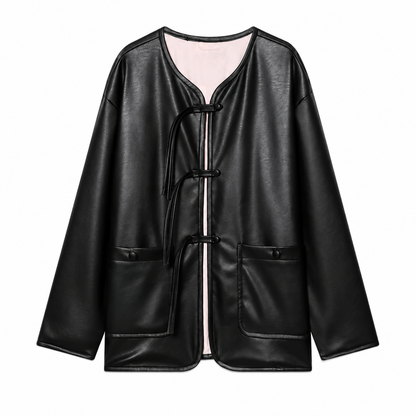 Women's Black Faux Leather Jacket – Long Sleeve, Loose Fit with Pocket Decor